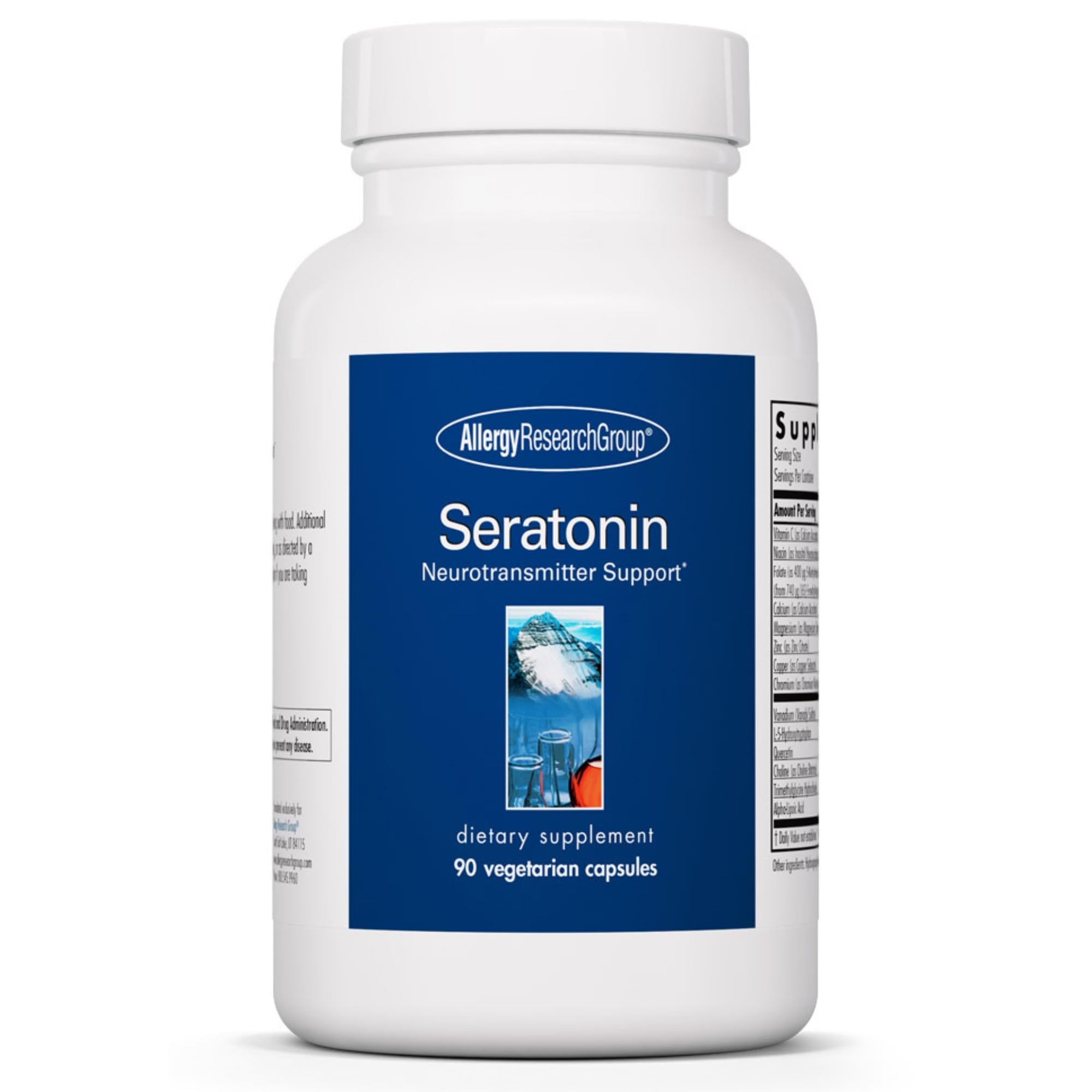 Allergy Research Group Seratonin bottle with capsules for stress and sleep support.