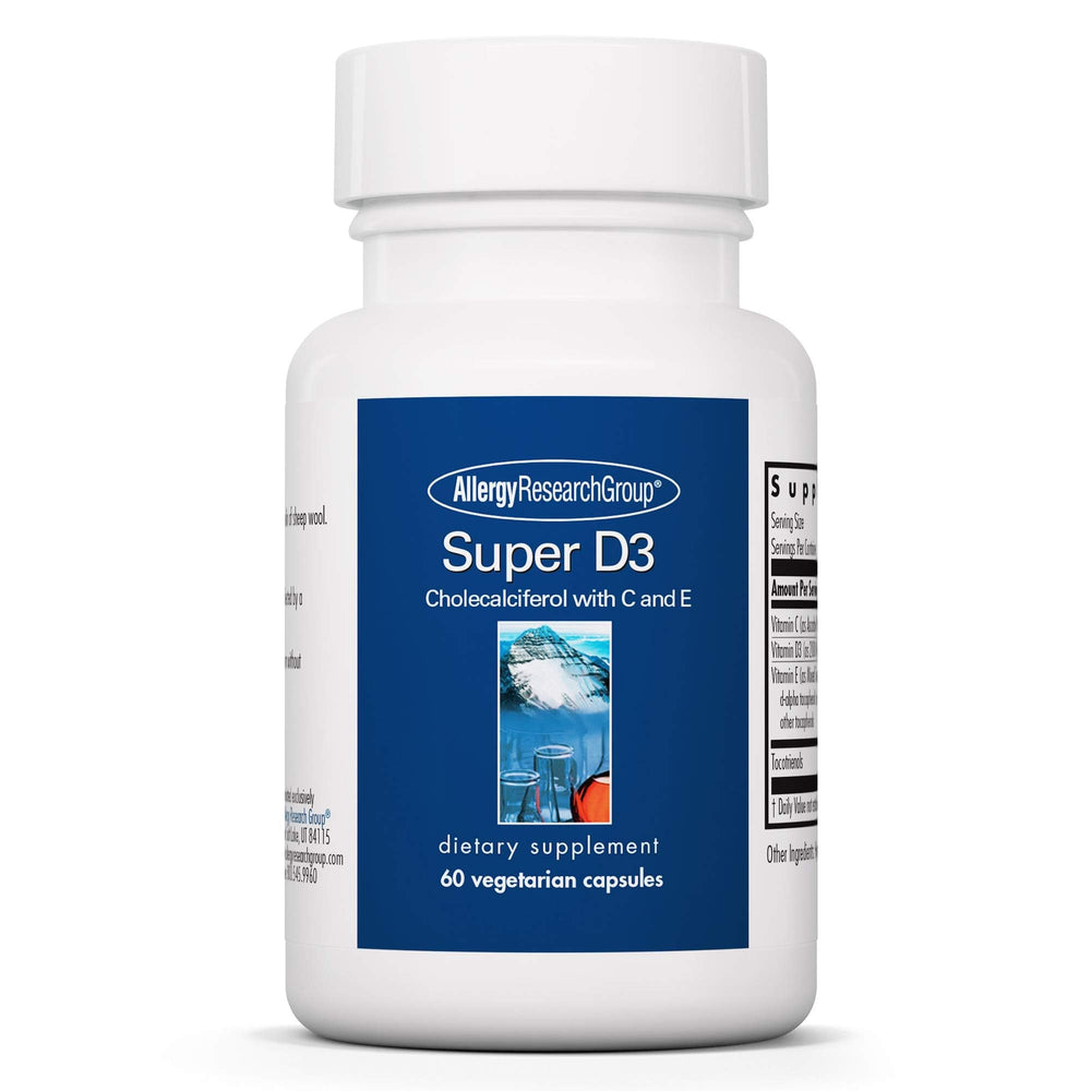 Allergy Research Group Super D3 bottle highlighting vitamin D3 for bone and immune support.