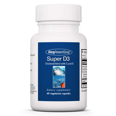 Allergy Research Group Super D3 bottle highlighting vitamin D3 for bone and immune support.