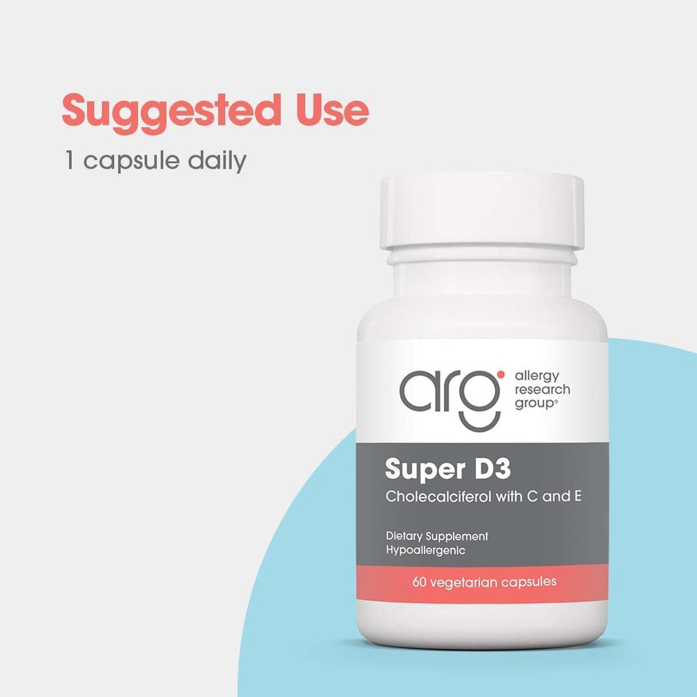 Allergy Research Group Super D3 ingredient list highlighting vitamin C and E support.