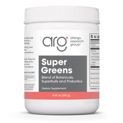Allergy Research Group Super Greens bottle featuring spirulina and chlorella for daily wellness