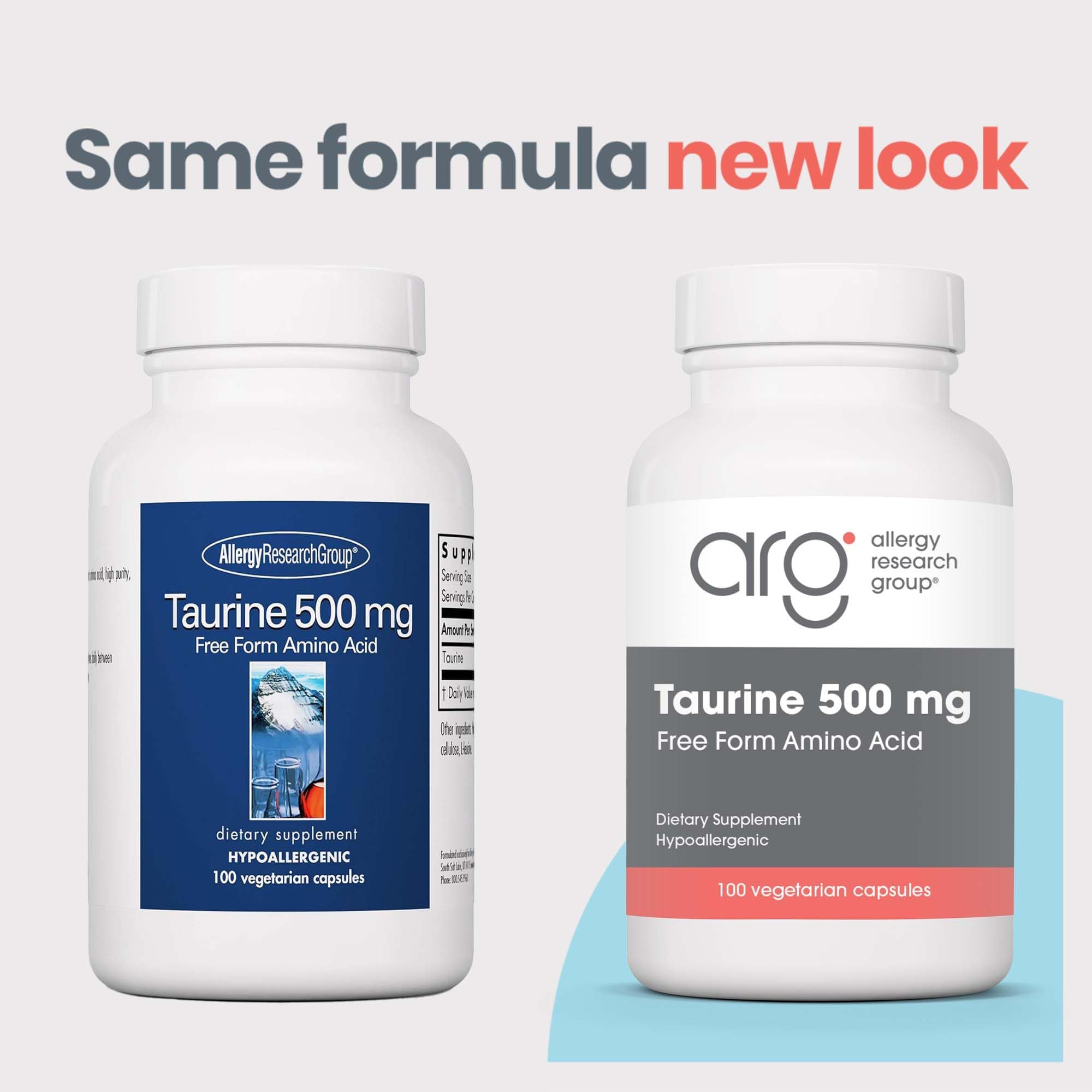Taurine 500mg bottle label by Allergy Research Group highlighting formulation details.