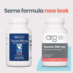 Taurine 500mg bottle label by Allergy Research Group highlighting formulation details.