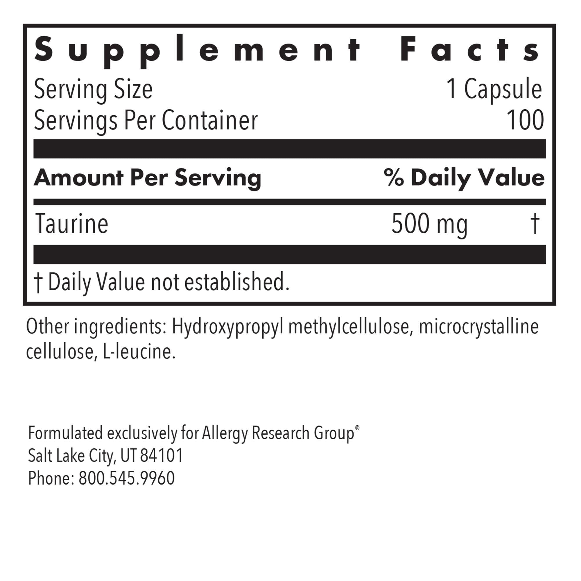 Allergy Research Group Taurine 500mg capsules close-up showing free-form taurine.