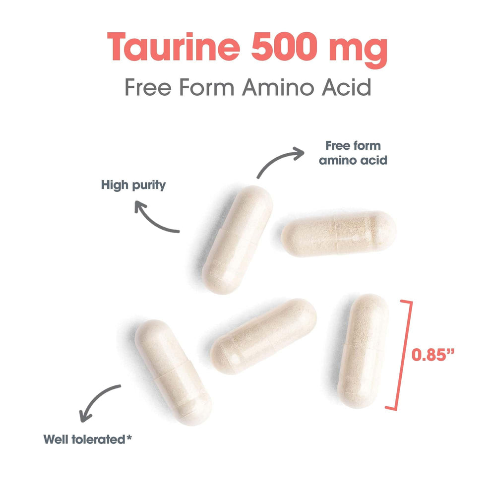 Taurine 500mg capsules and lifestyle setting suggesting natural energy support.