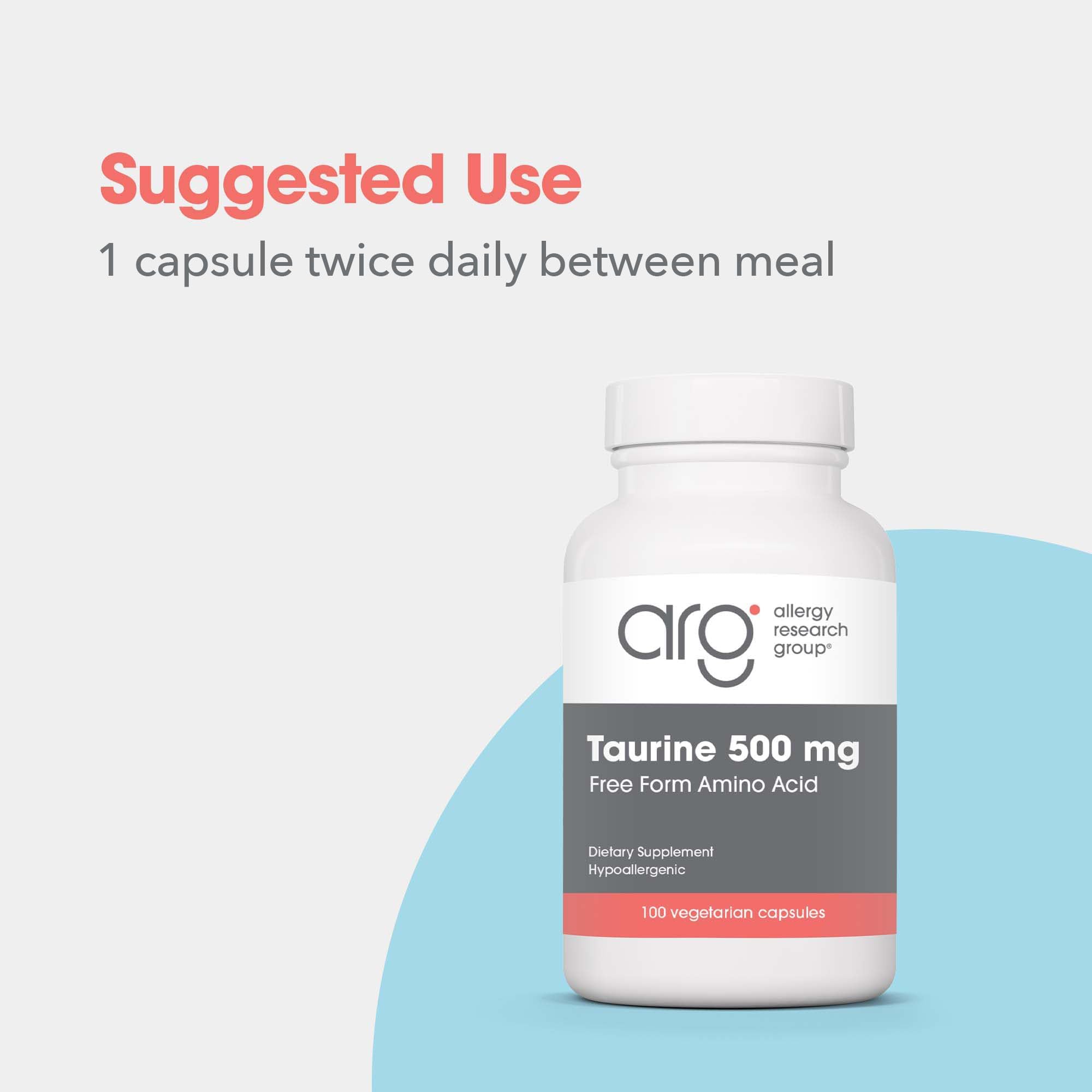 Taurine 500mg vegetarian capsules on a clean background for purity.