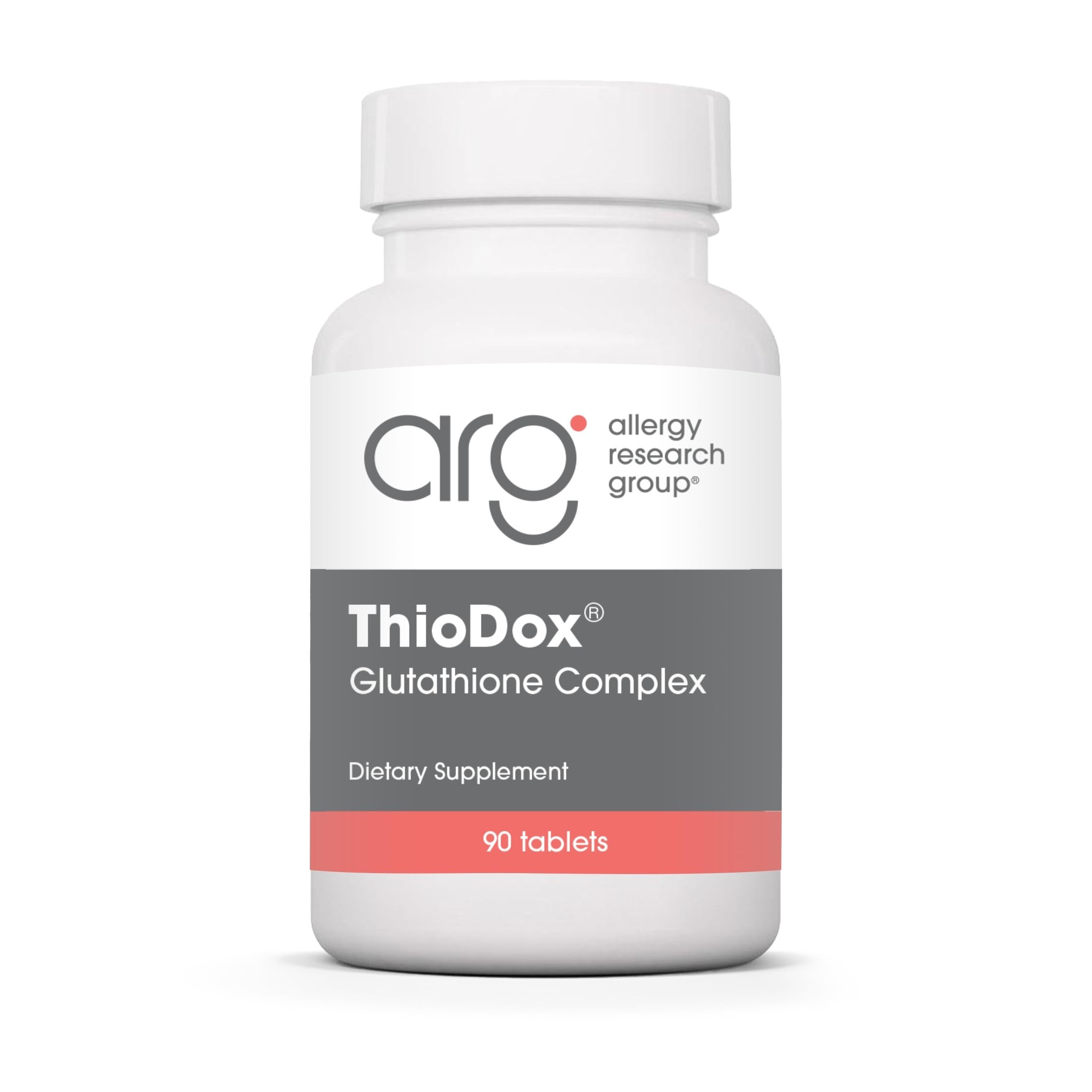 Allergy Research Group ThioDox bottle close-up showing glutathione complex for daily antioxidant support