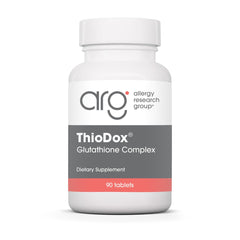 Allergy Research Group ThioDox bottle close-up showing glutathione complex for daily antioxidant support