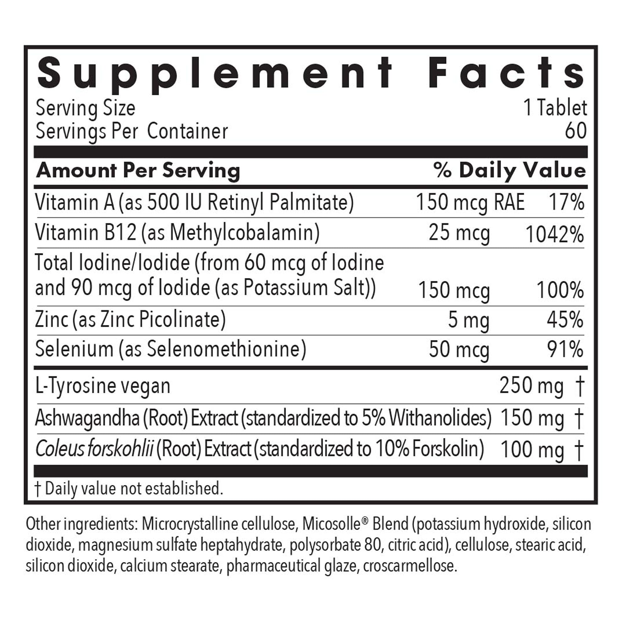 Allergy Research Group thyroid ingredients close-up with selenium, zinc, tyrosine.