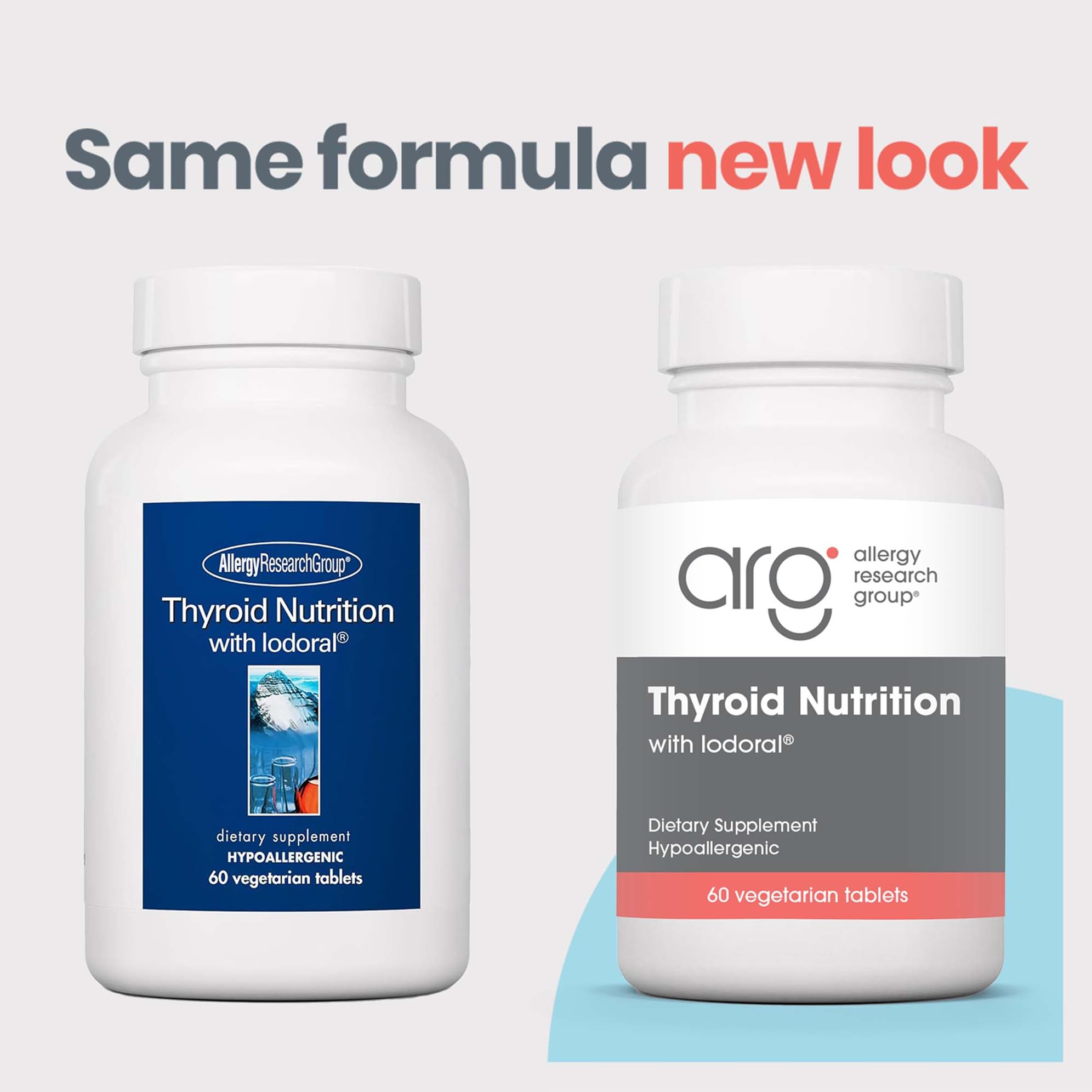 Allergy Research Group thyroid nutrition bottle on shelf for convenient daily intake.