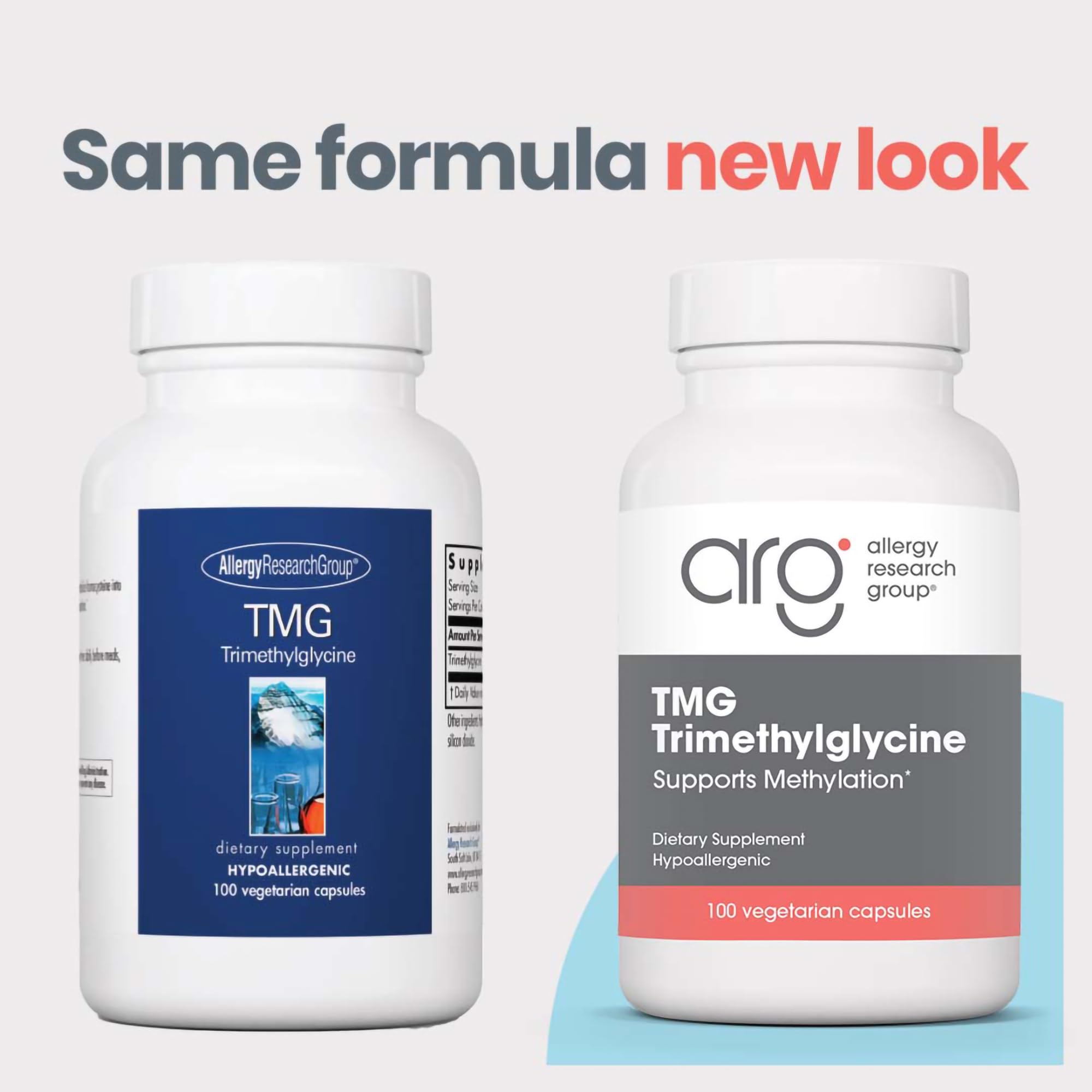 Allergy Research Group TMG capsule close-up highlighting 750 mg dose for daily use.