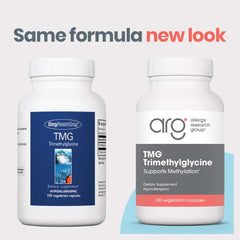Allergy Research Group TMG capsule close-up highlighting 750 mg dose for daily use.