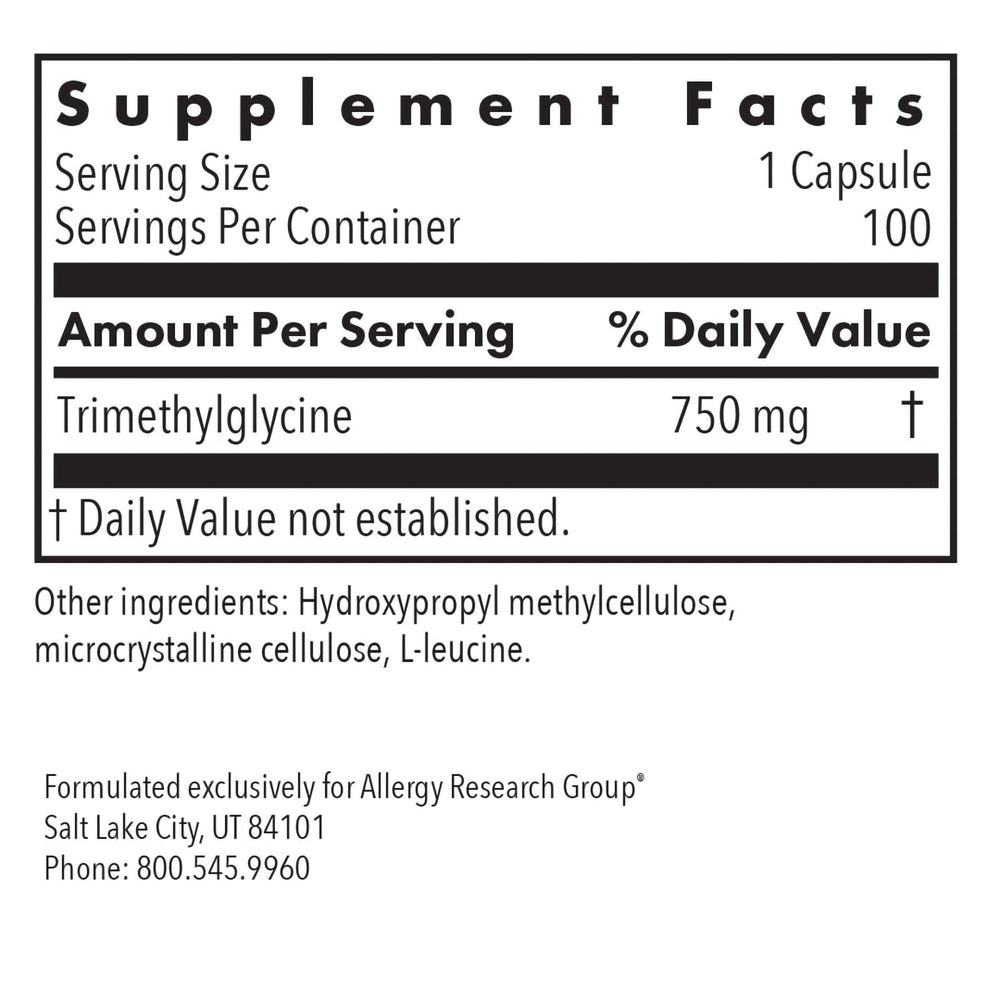 Allergy Research Group TMG label detail showing hypoallergenic formula.