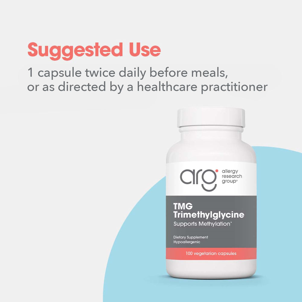 Allergy Research Group TMG pour-out capsules illustrating simple serving for routine.