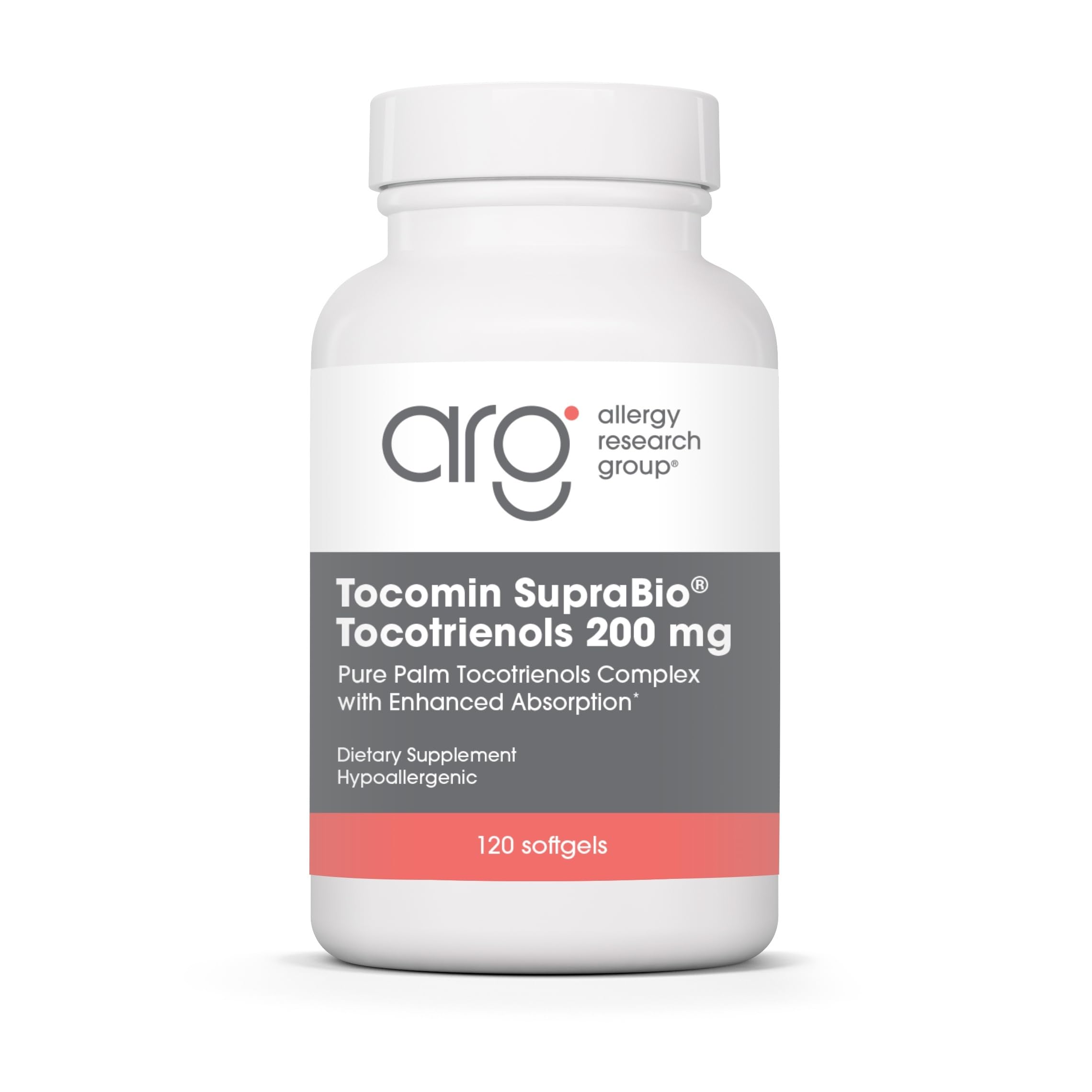 Allergy Research Group Tocomin SupraBio bottle close-up showing softgels for enhanced absorption.