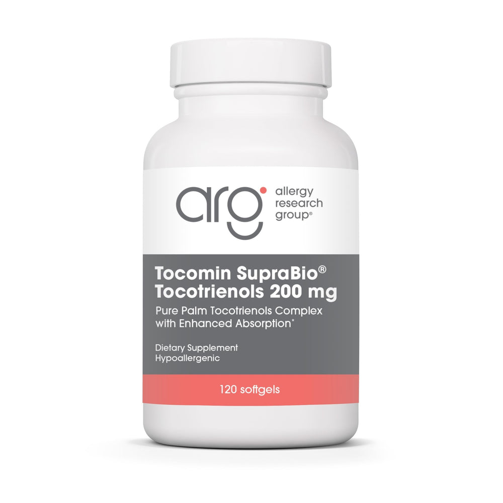 Allergy Research Group Tocomin SupraBio bottle close-up showing softgels for enhanced absorption.