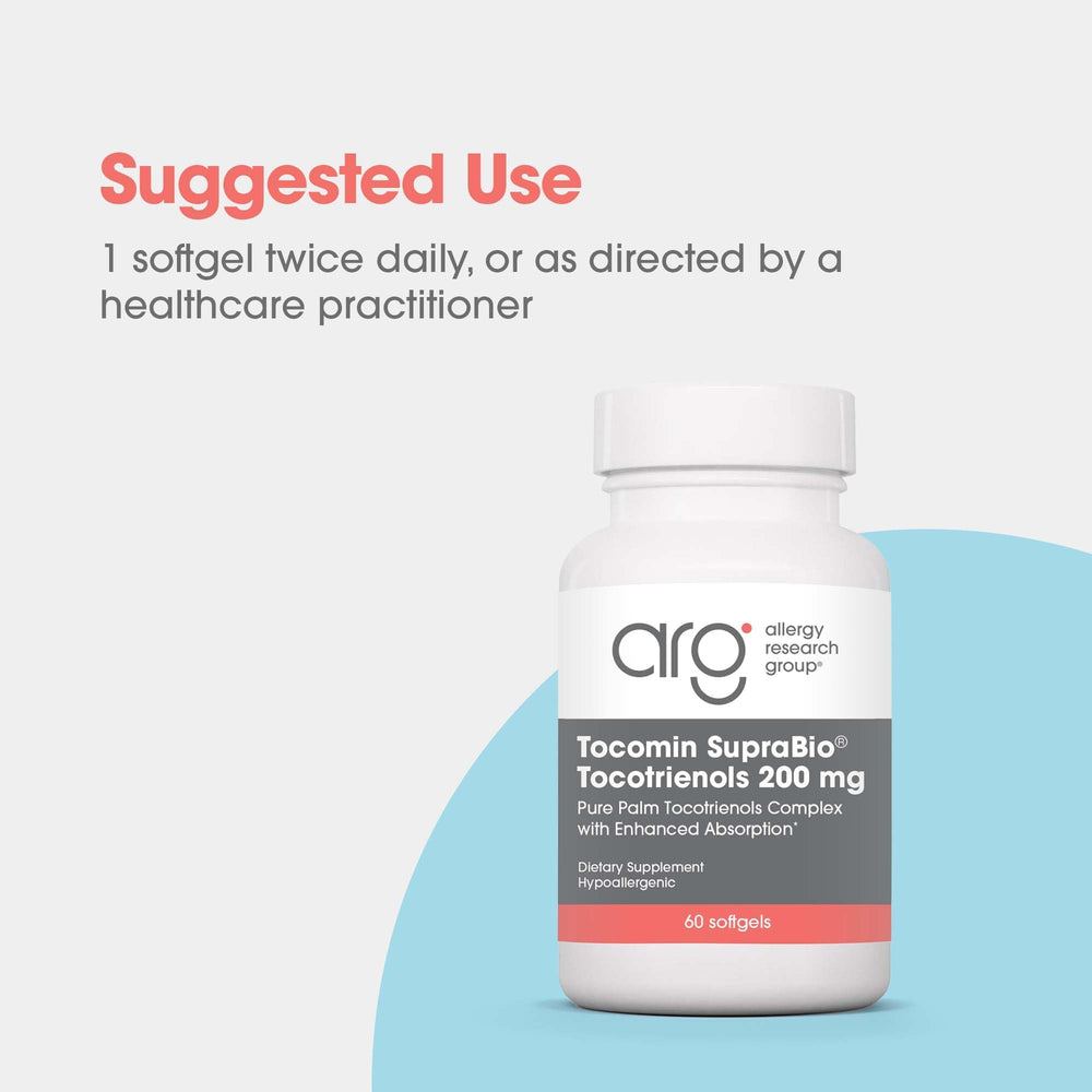 Allergy Research Group Tocomin SupraBio packaging shot highlights premium, hypoallergenic supplements.