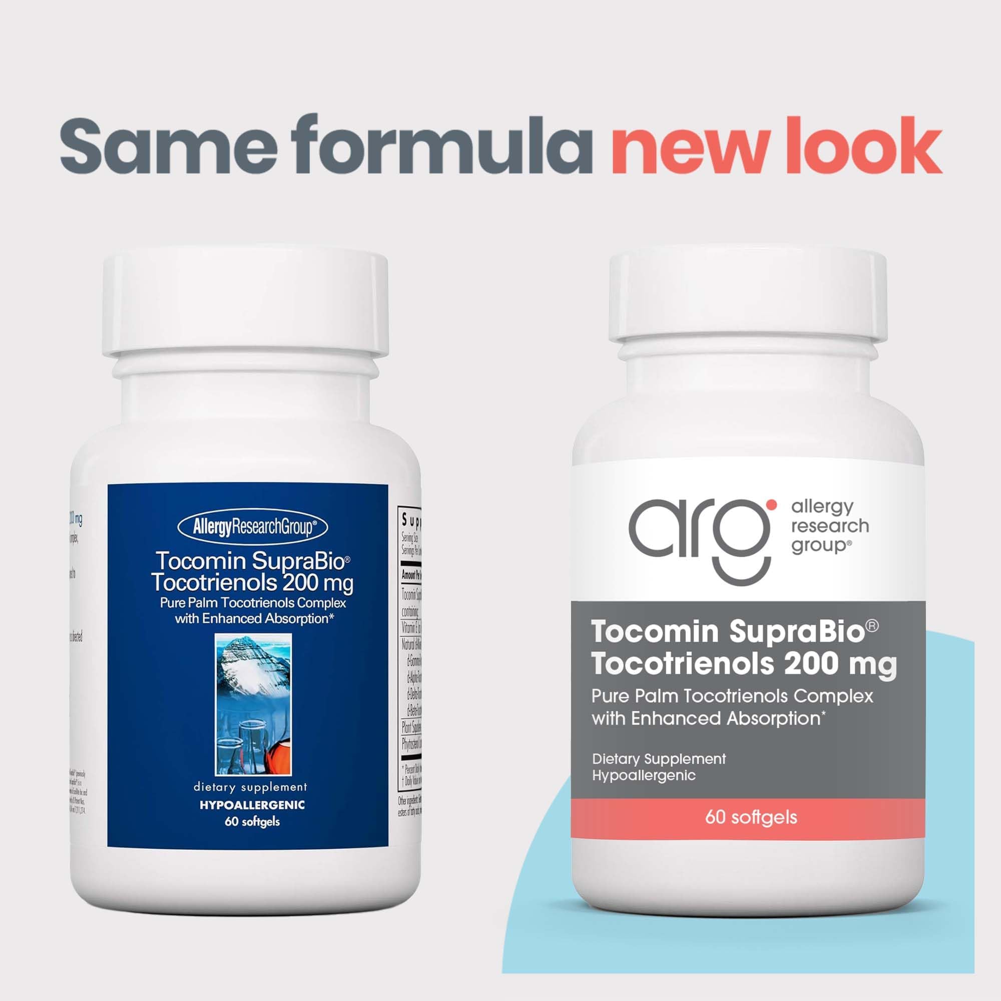 Allergy Research Group Tocomin SupraBio tocotrienols capsules highlight balanced omega-tocotrienol blend.