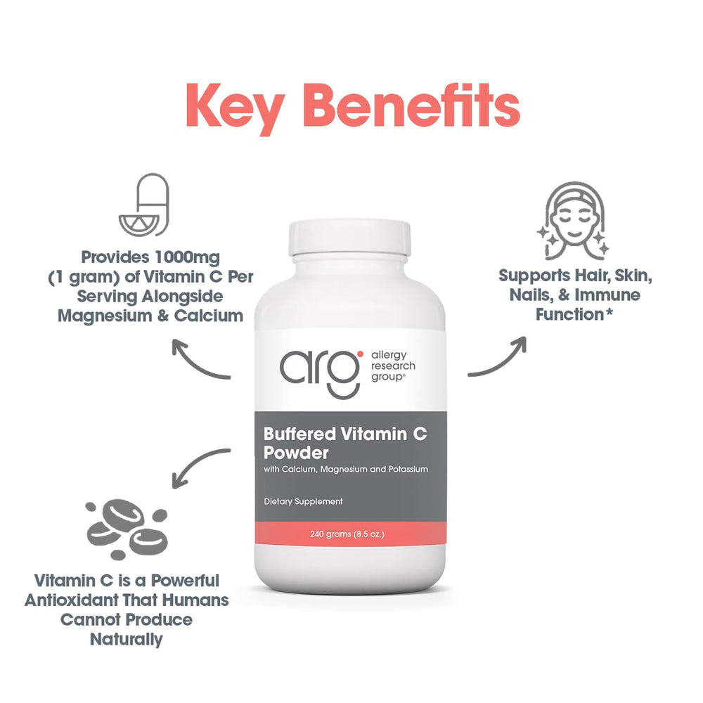Allergy Research Group vitamin C powder with calcium and magnesium icons.