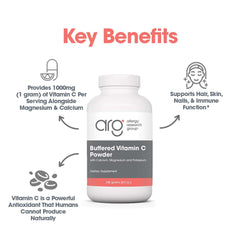 Allergy Research Group vitamin C powder with calcium and magnesium icons.