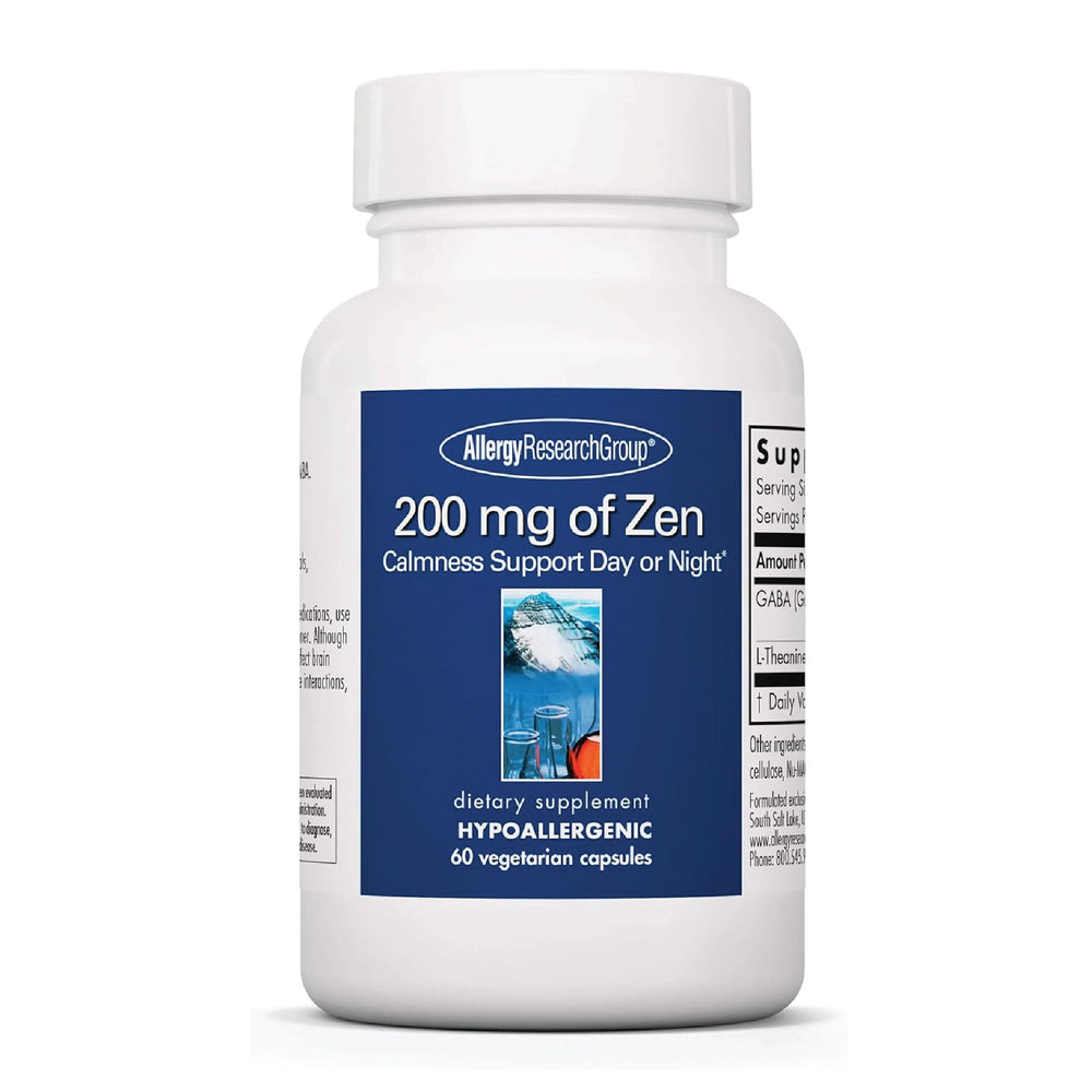 Allergy Research Group Zen bottle on a nightstand offers calm, non-drowsy relaxation.