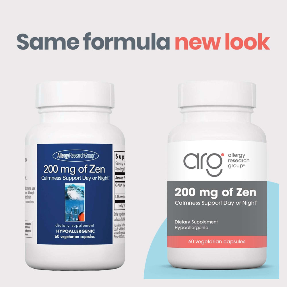Close-up of Zen capsules from Allergy Research Group for calm, non-drowsy relaxation.
