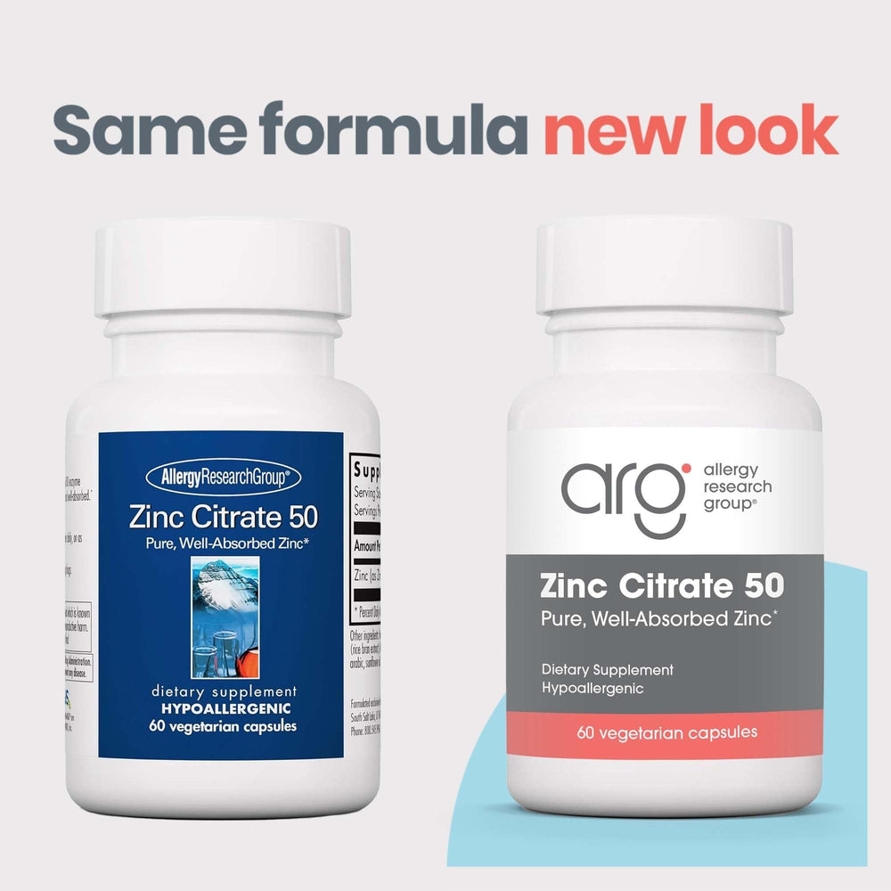 Allergy Research Group zinc citrate bottle side view emphasizes purity and tolerance.