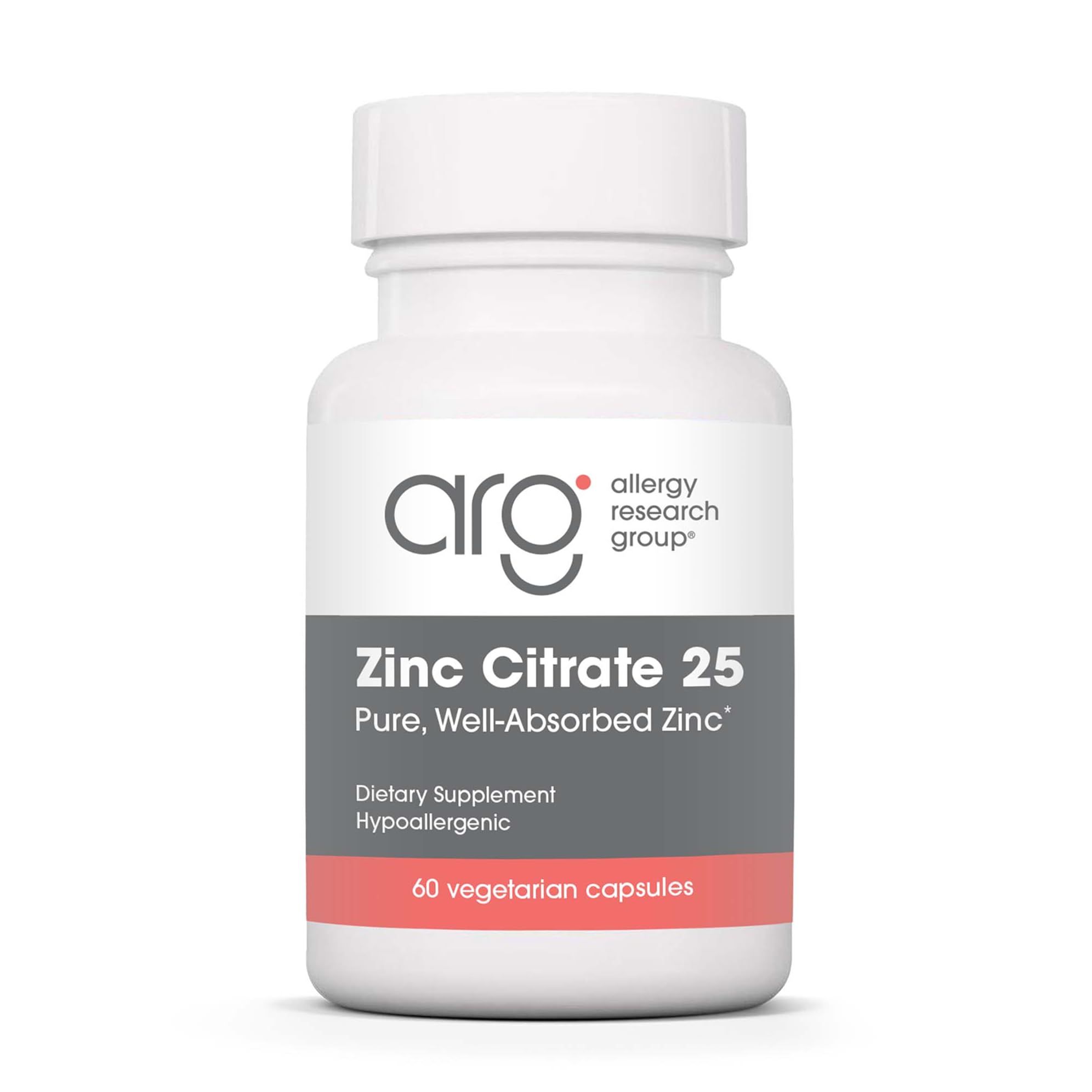 Allergy Research Group zinc citrate bottle with capsules for daily immune support.