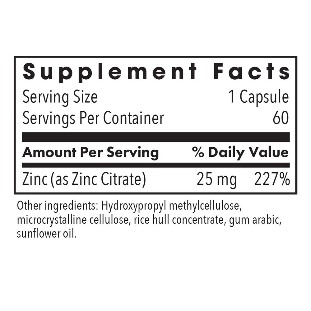 Allergy Research Group zinc citrate label highlights hypoallergenic, doctor-developed formulation.