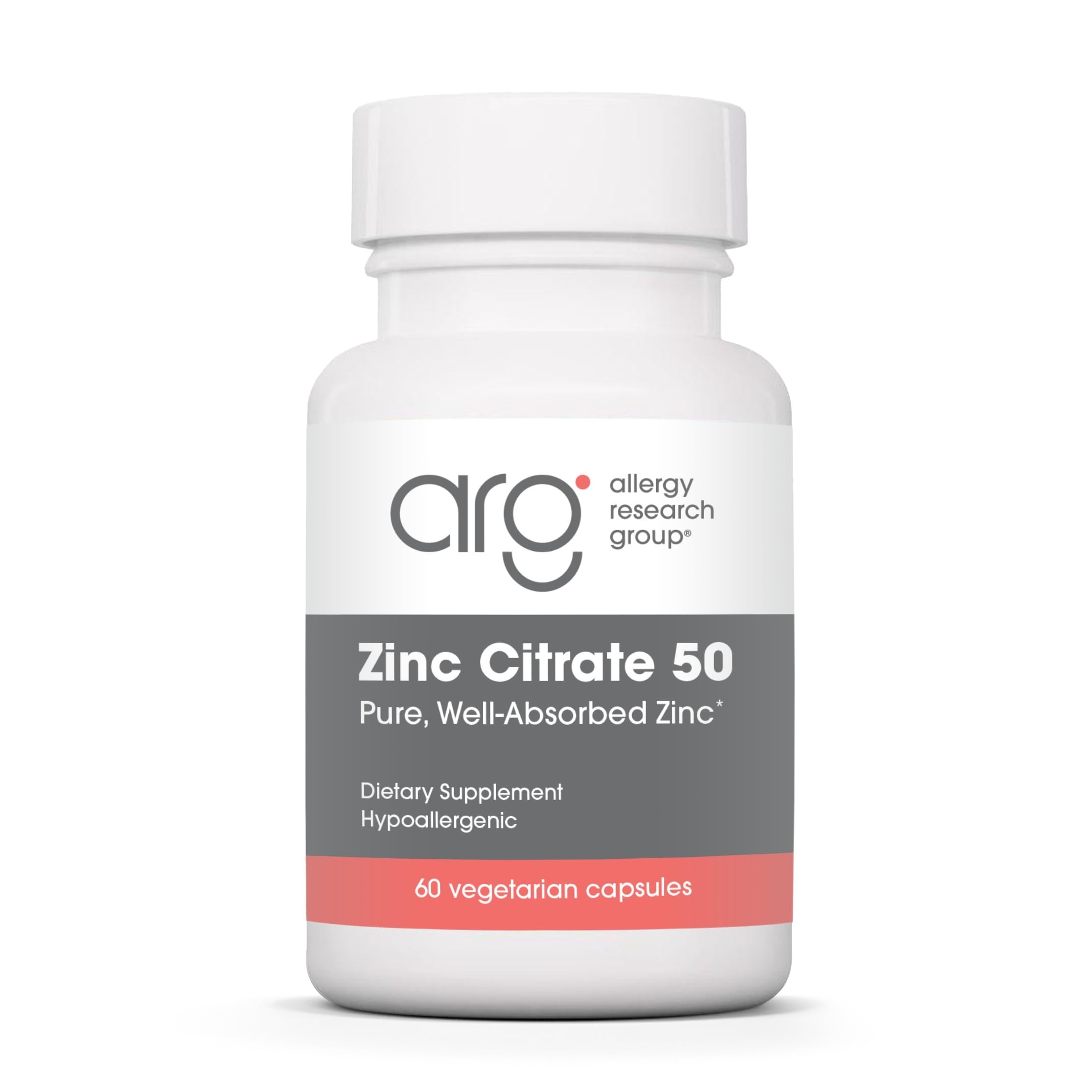 Allergy Research Group zinc citrate supplement bottle promotes daily immune support.