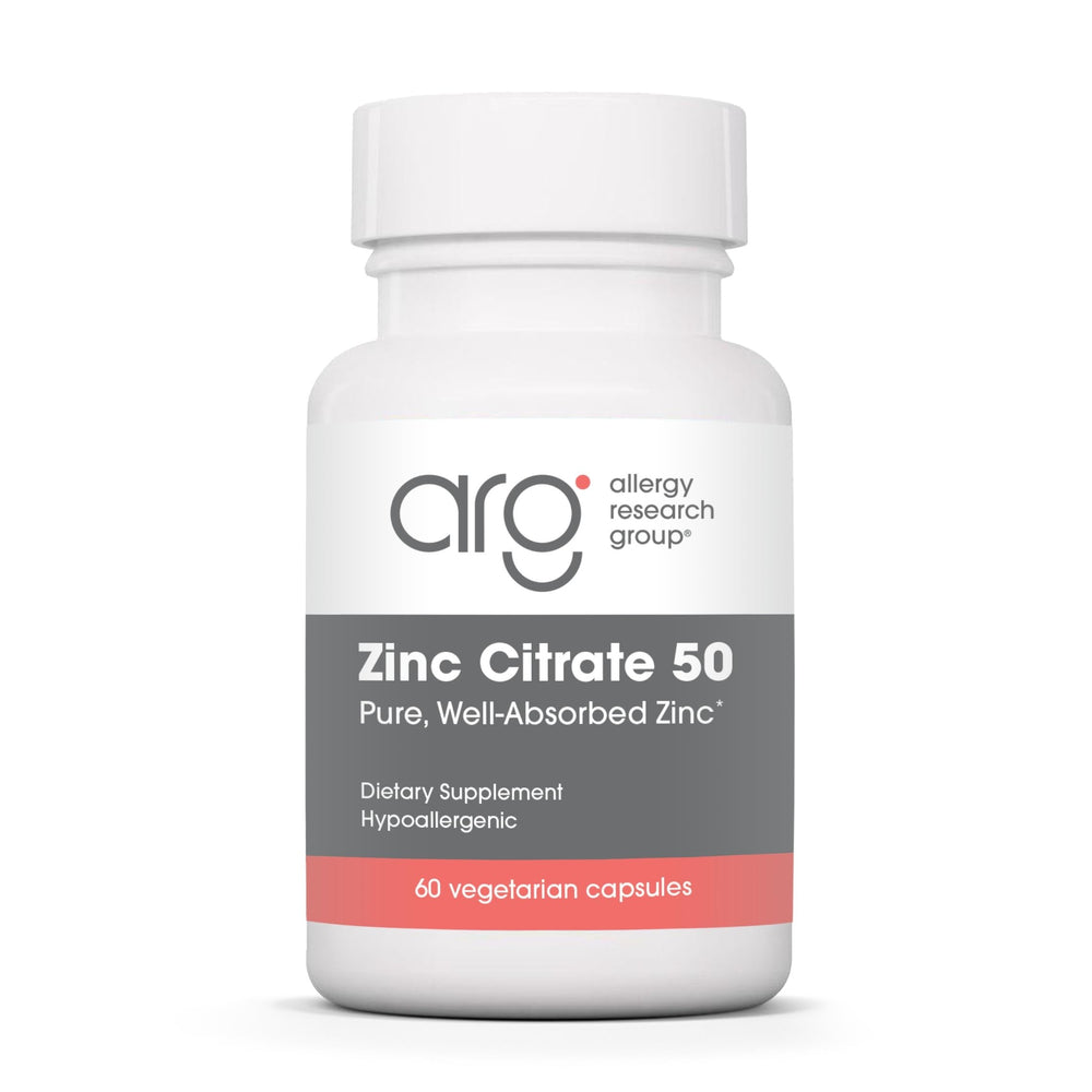 Allergy Research Group zinc citrate supplement bottle promotes daily immune support.