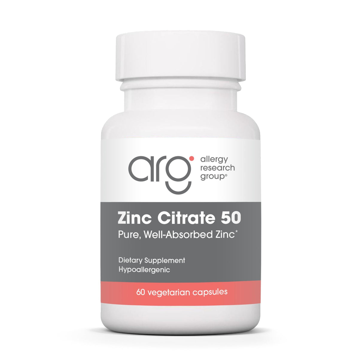 Allergy Research Group zinc citrate supplement bottle promotes daily immune support.