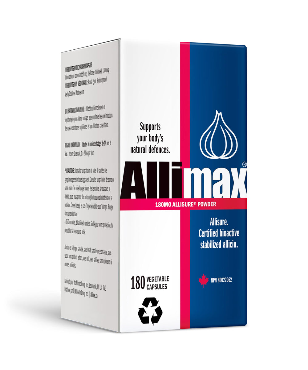 Allimax bioactive allicin capsules shown for daily immune support