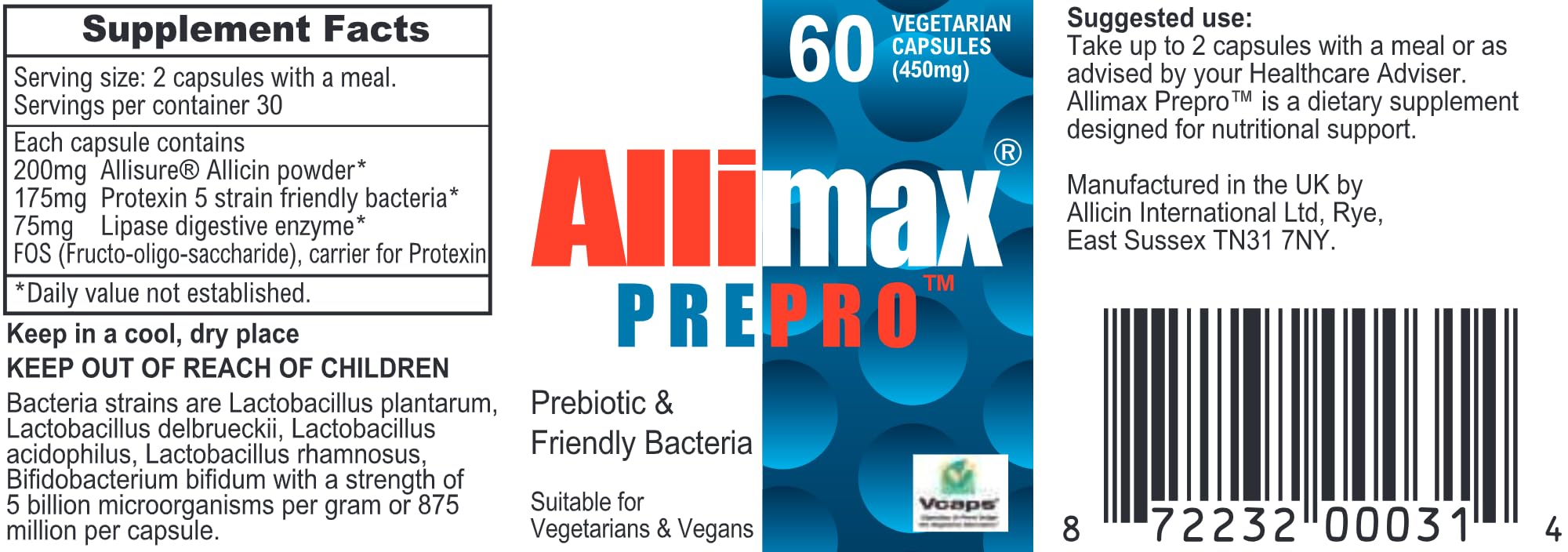 Allimax PrePro bottle front showing allicin-rich formula and probiotic blend
