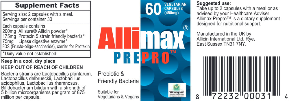 Allimax PrePro bottle front showing allicin-rich formula and probiotic blend