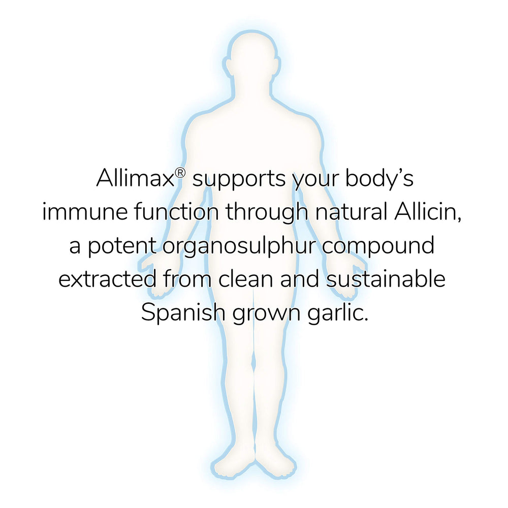 Allimax Pro AlliSURE allicin extract imagery emphasizes potency and garlic-derived active ingredient.