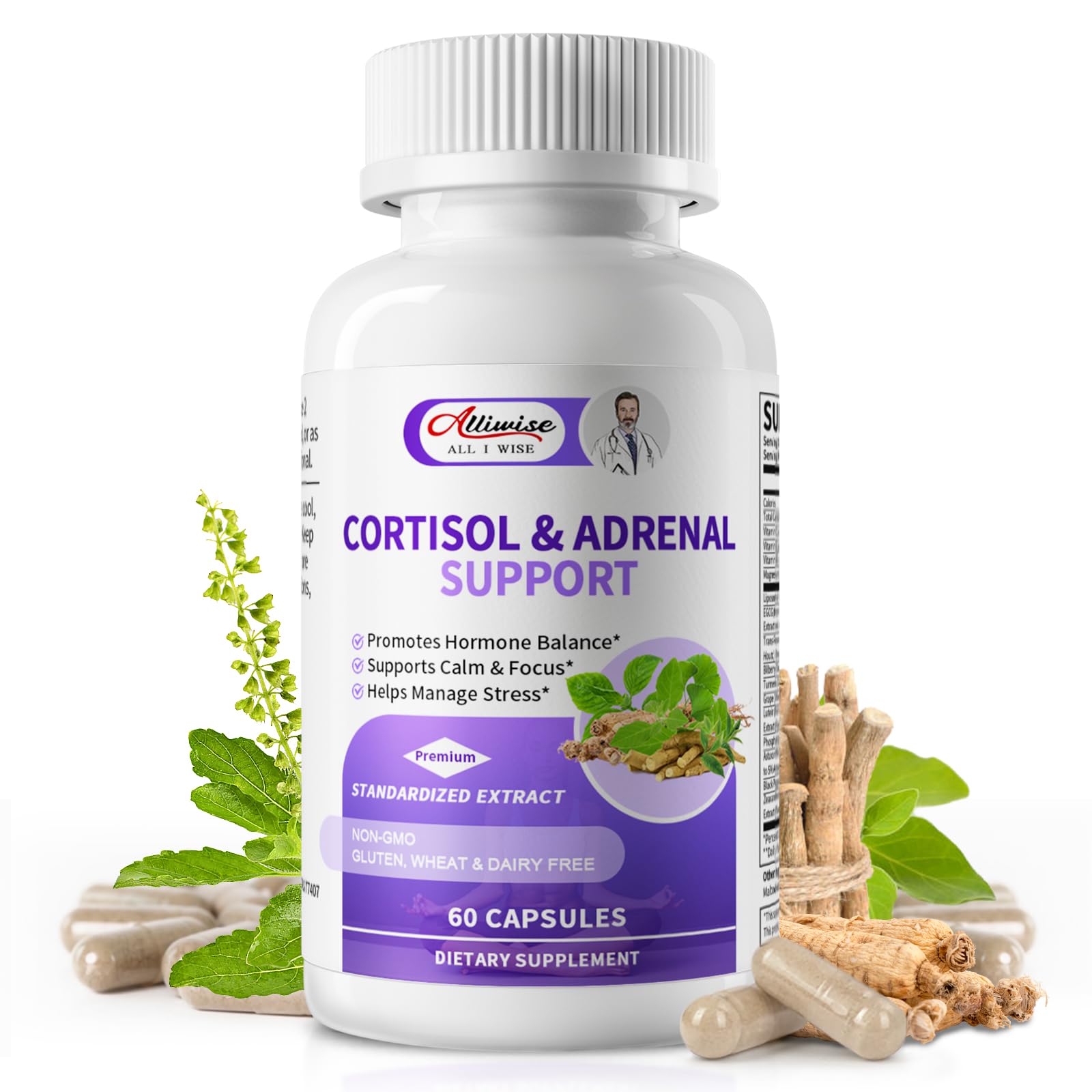 Alliwise Cortisol bottle front view for daily stress support.