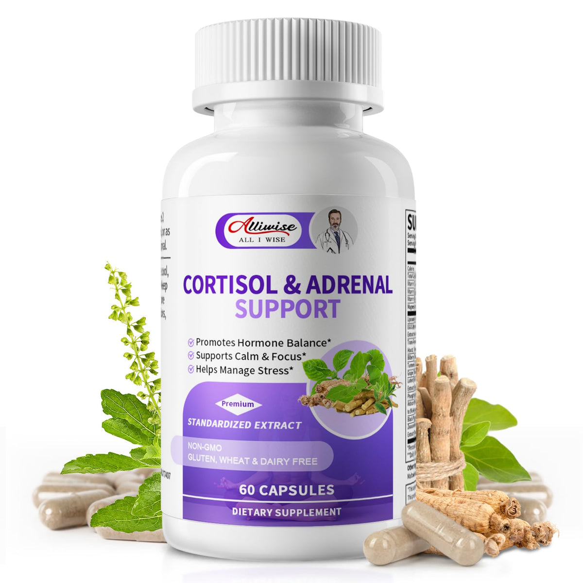 Alliwise Cortisol bottle front view for daily stress support.