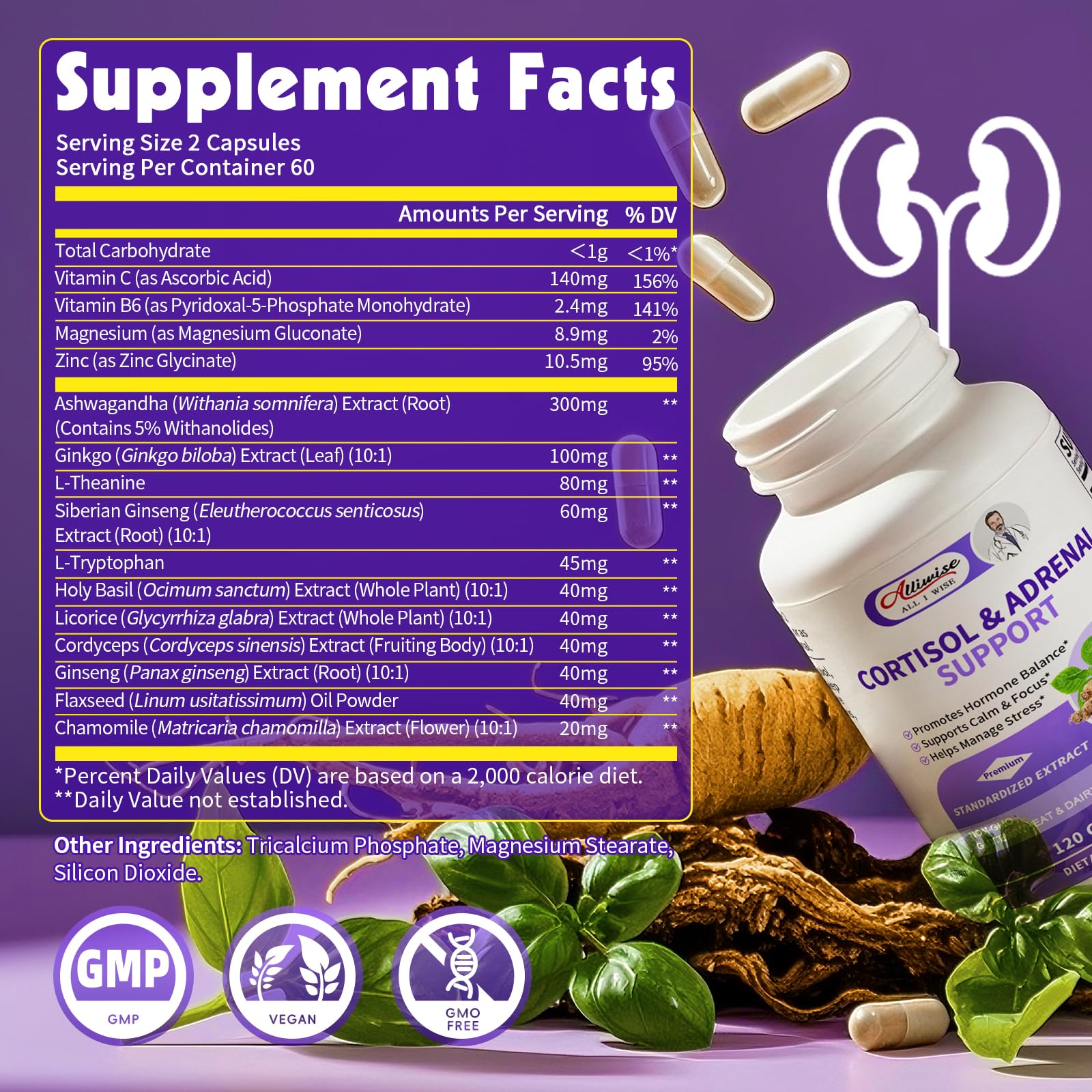 Alliwise Cortisol capsules closeup for steady daily energy.