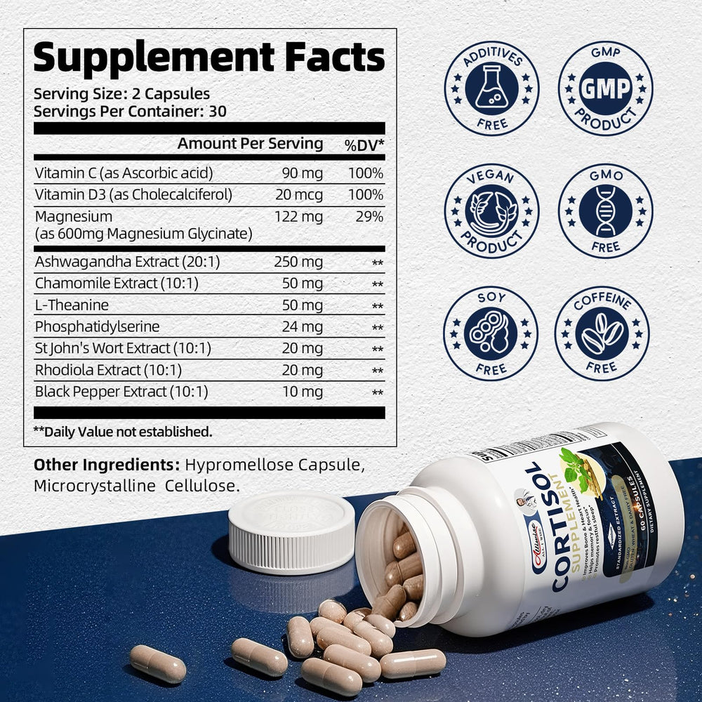 Alliwise Cortisol Supplement capsules for steady energy and calm.