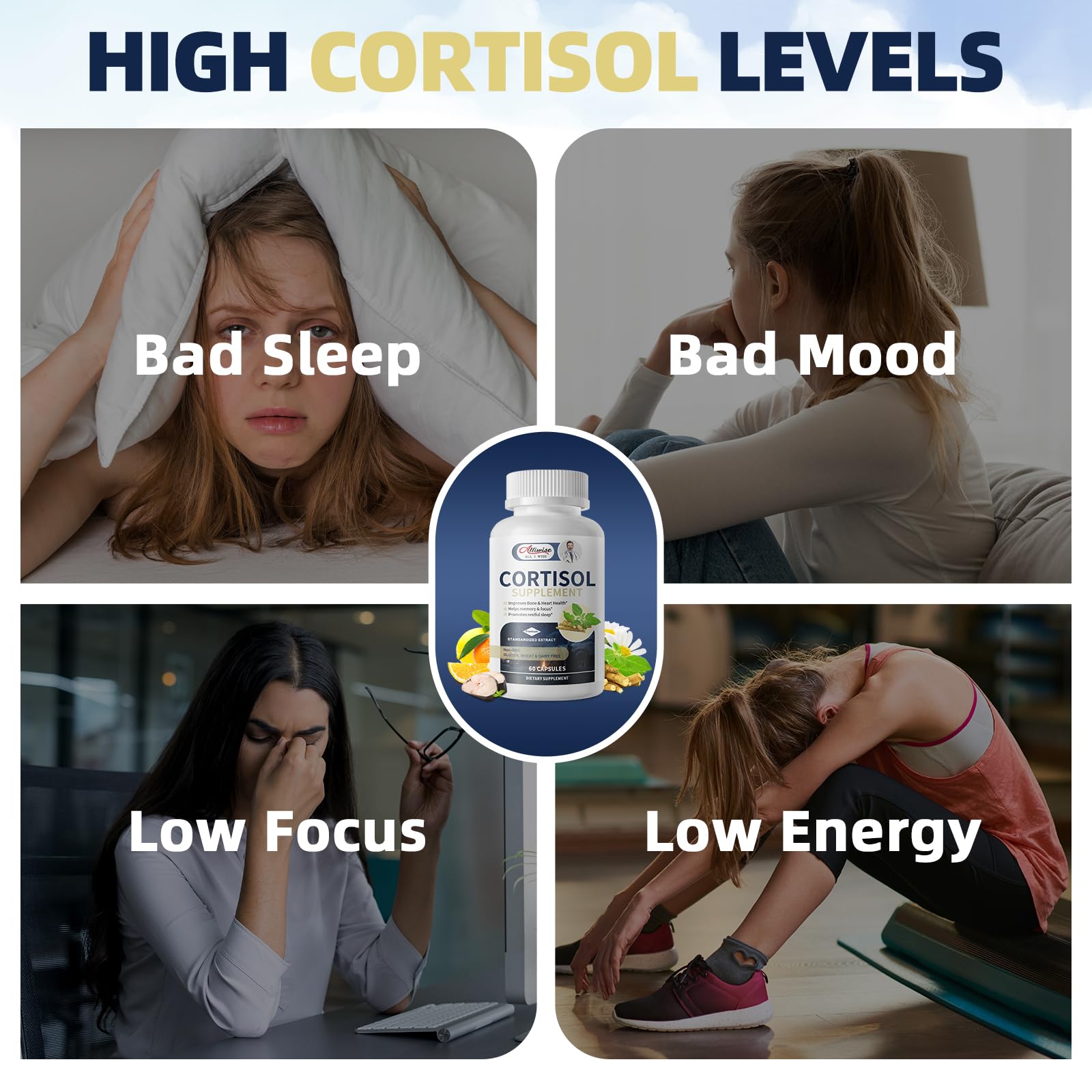 Alliwise Cortisol Supplement packaging front showcases balance concept.