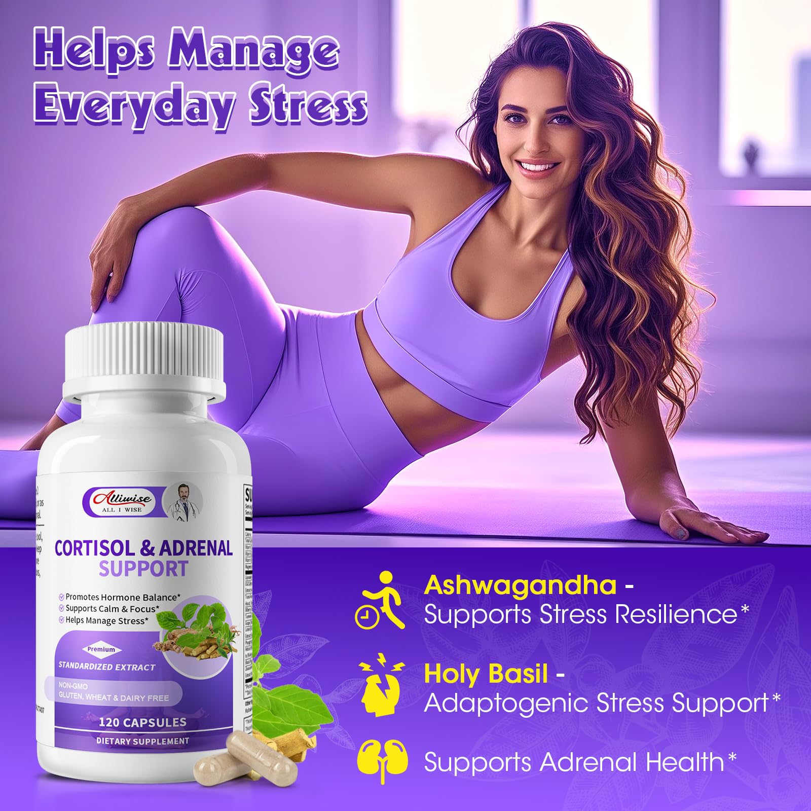 Alliwise Cortisol Supplements ingredients include ashwagandha, L-theanine for calmer focus.