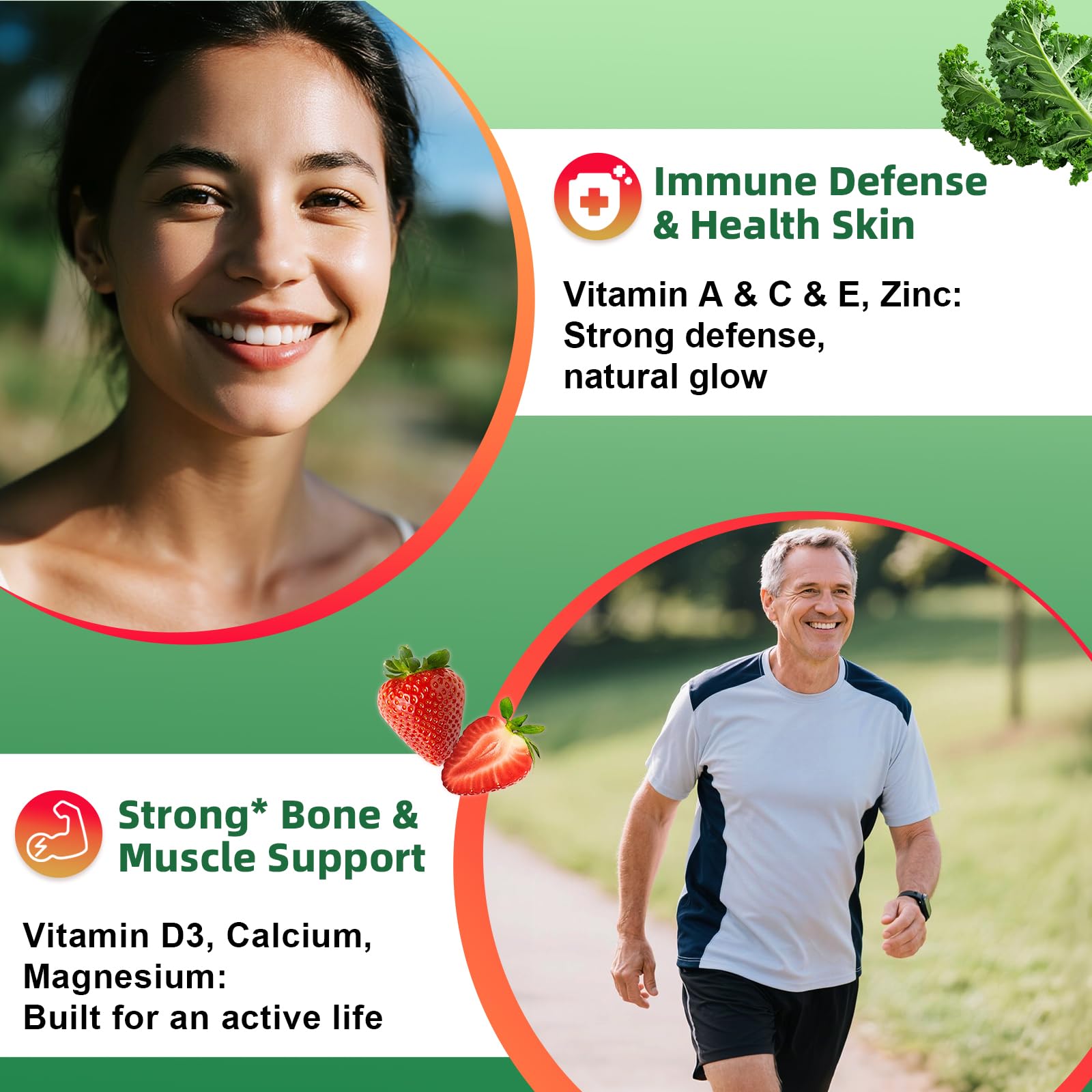 Alliwise greens gummies close-up showing 25 vegetables for natural energy.