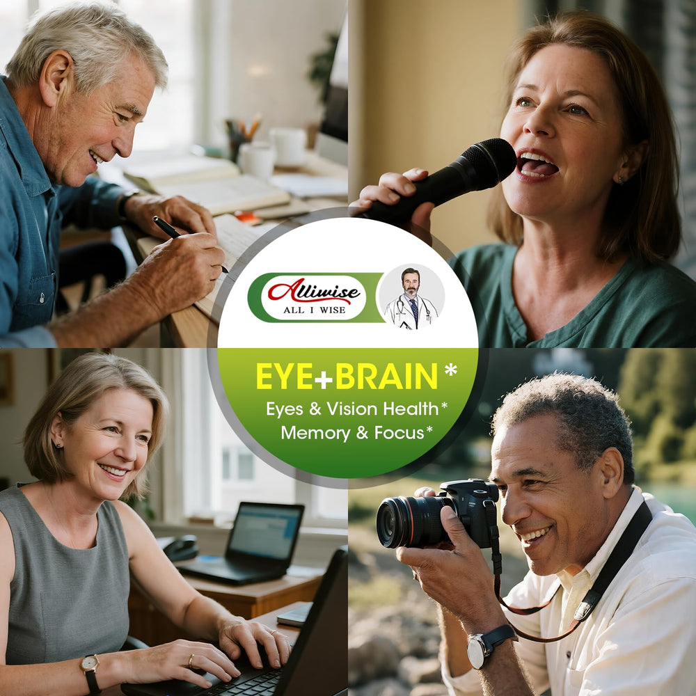 Alliwise Lutein Eye Vitamin scene addressing digital eye strain during screen time.