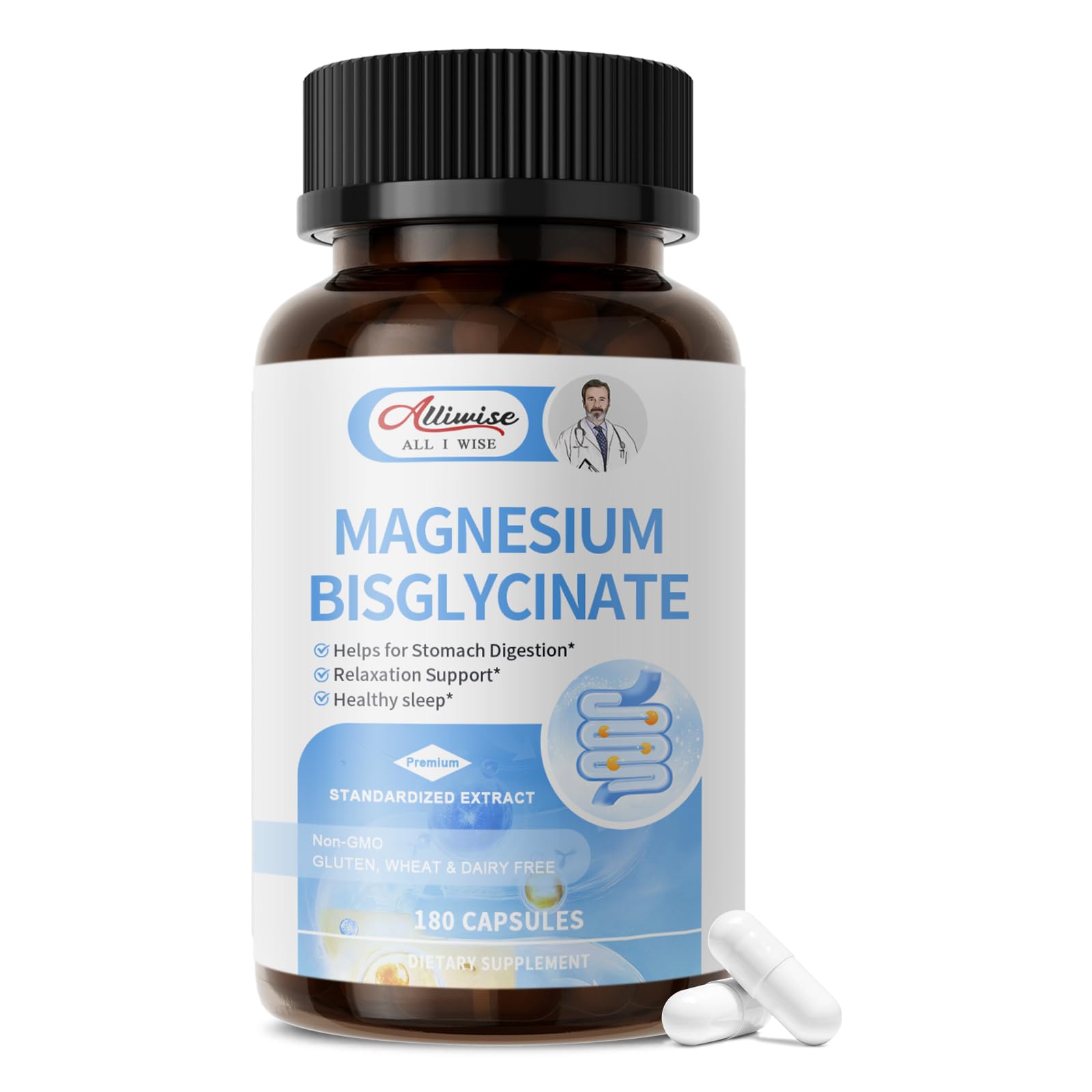Alliwise magnesium bisglycinate capsules in bottle, easy-to-swallow and gentle on stomach.