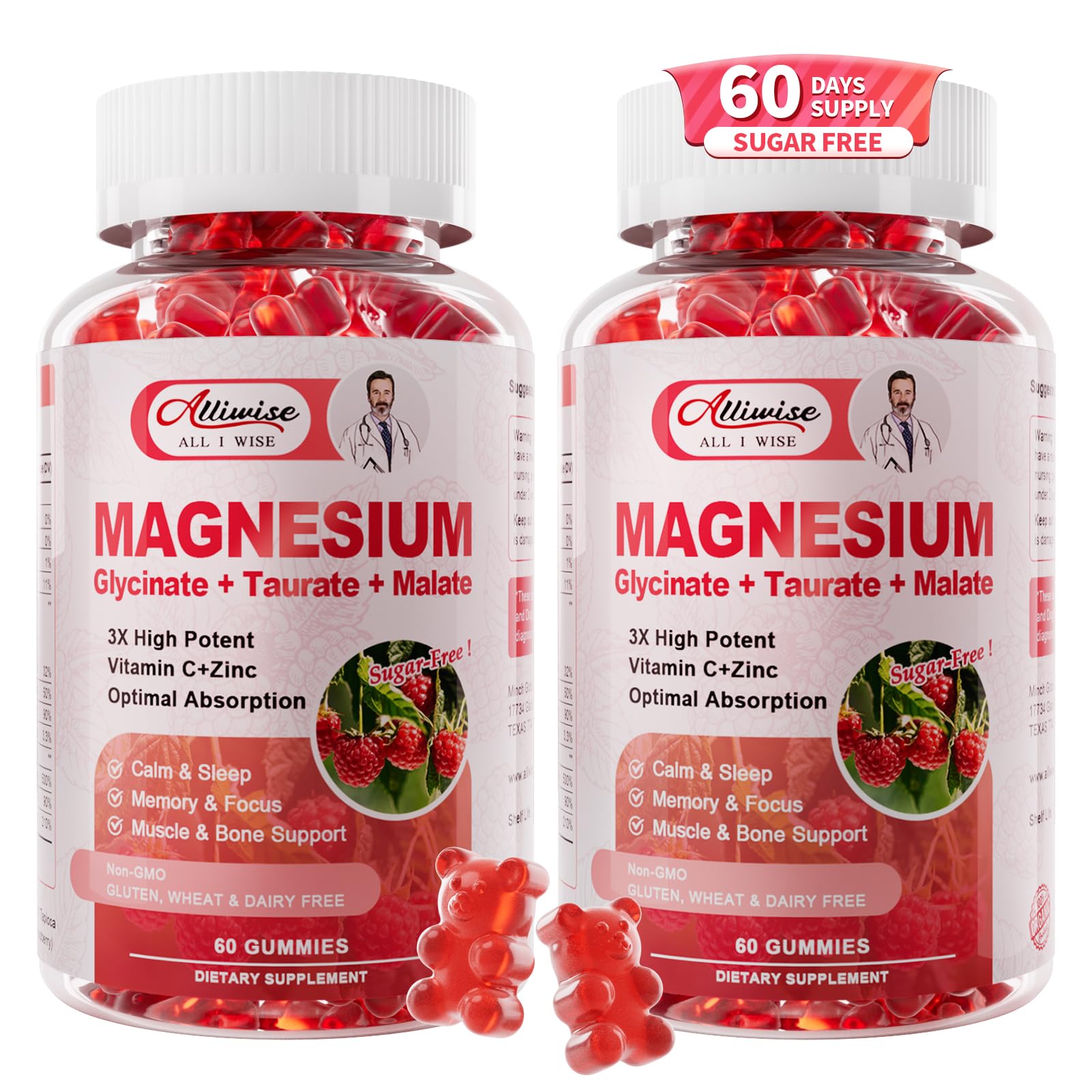 Alliwise Magnesium Glycinate Gummies raspberry bottle for easy daily relaxation.