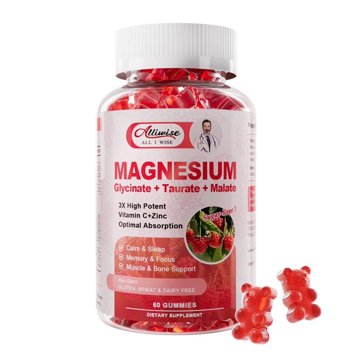 Alliwise Magnesium Gummies raspberry bottle shows a tasty daily supplement for balance