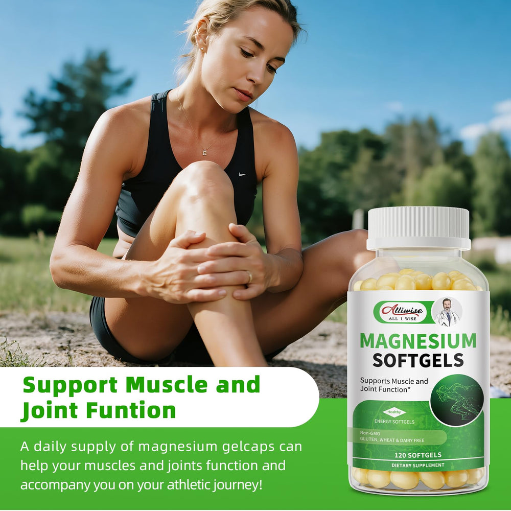 Alliwise Magnesium Glycinate Softgels label non-GMO and vegetarian-friendly.