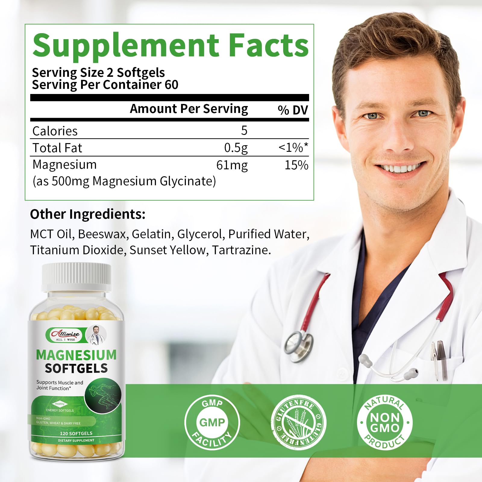 Alliwise Magnesium Glycinate Softgels pills close-up, tiny and smooth.