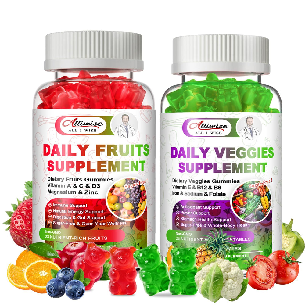 Alliwise bottle of sugar-free fruits & veggies gummies for convenient daily nutrition.